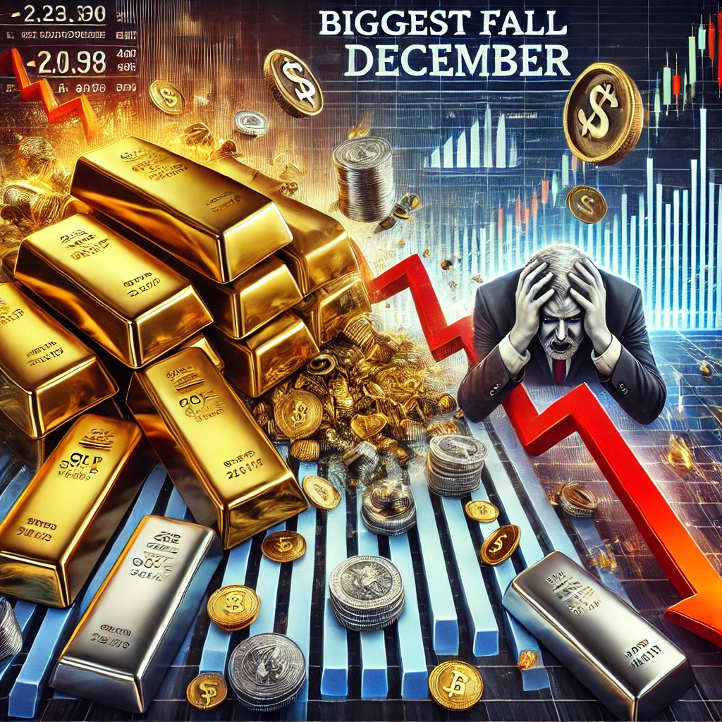 "Gold and silver bars with fluctuating prices displayed on charts in the background."