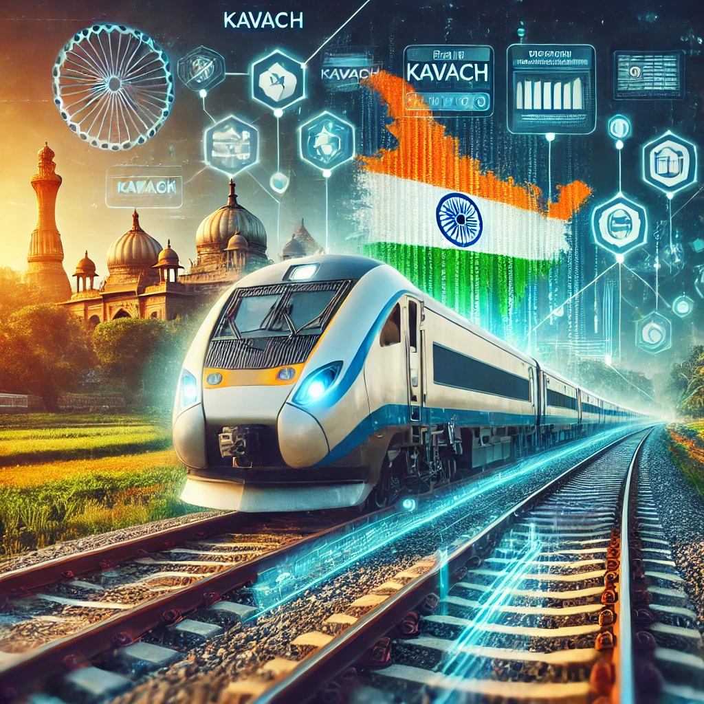 A modern Indian train showcasing Kavach safety technology, representing railway modernization.