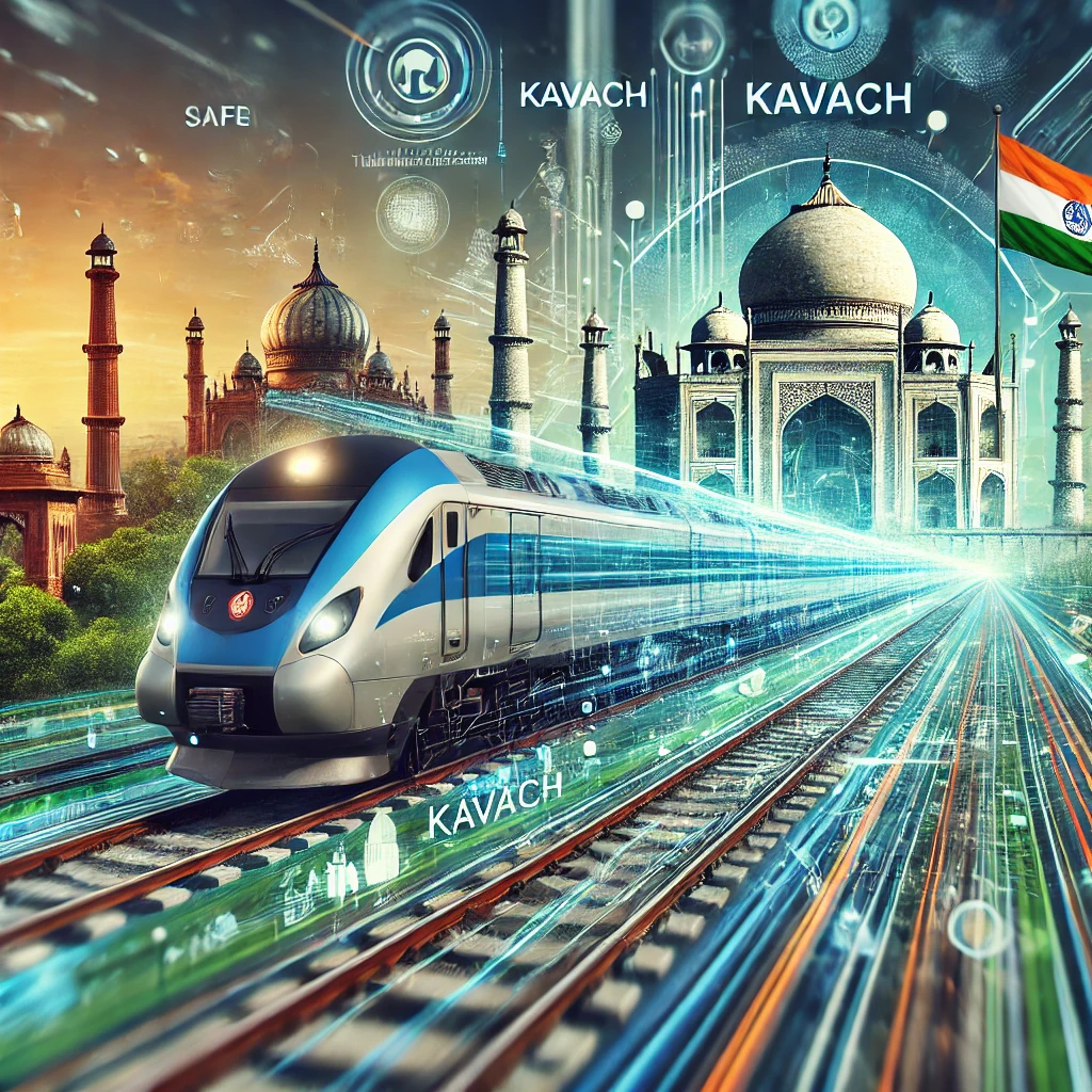 A modern Indian train showcasing Kavach safety technology, representing railway modernization.