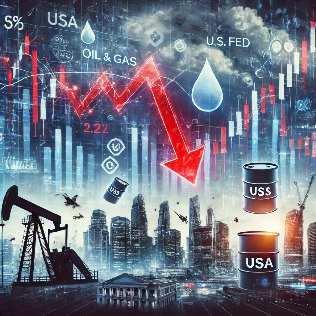 "Illustration of a stock market crash with a large red downward arrow on financial charts, oil barrels in the background, and stressed investors. The scene has a dark, stormy atmosphere reflecting economic uncertainty, with global financial symbols like the US Federal Reserve and digital trading screens."