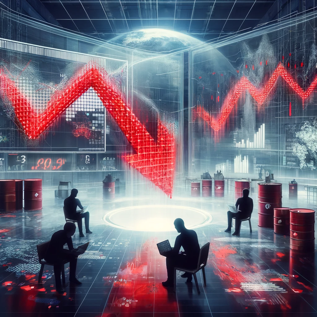 "Illustration of a stock market crash with a large red downward arrow on financial charts, oil barrels in the background, and stressed investors. The scene has a dark, stormy atmosphere reflecting economic uncertainty, with global financial symbols like the US Federal Reserve and digital trading screens."