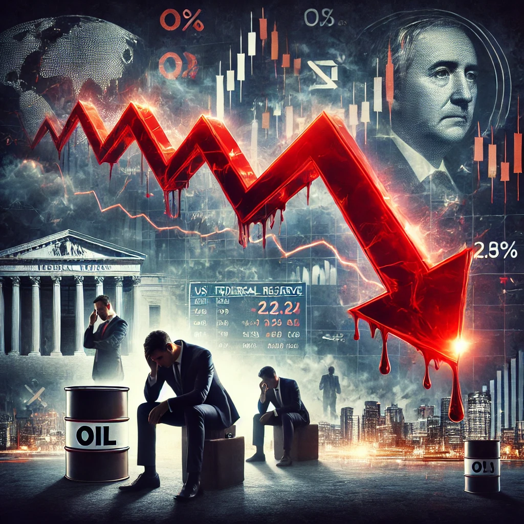 "Illustration of a stock market crash with a large red downward arrow on financial charts, oil barrels in the background, and stressed investors. The scene has a dark, stormy atmosphere reflecting economic uncertainty, with global financial symbols like the US Federal Reserve and digital trading screens."