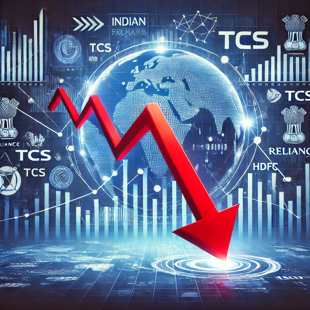 "Graph showing the ₹4.95 lakh crore market cap loss of top 10 Indian companies, including Tata Consultancy Services, Reliance Industries, and HDFC Bank, amid global economic uncertainty."