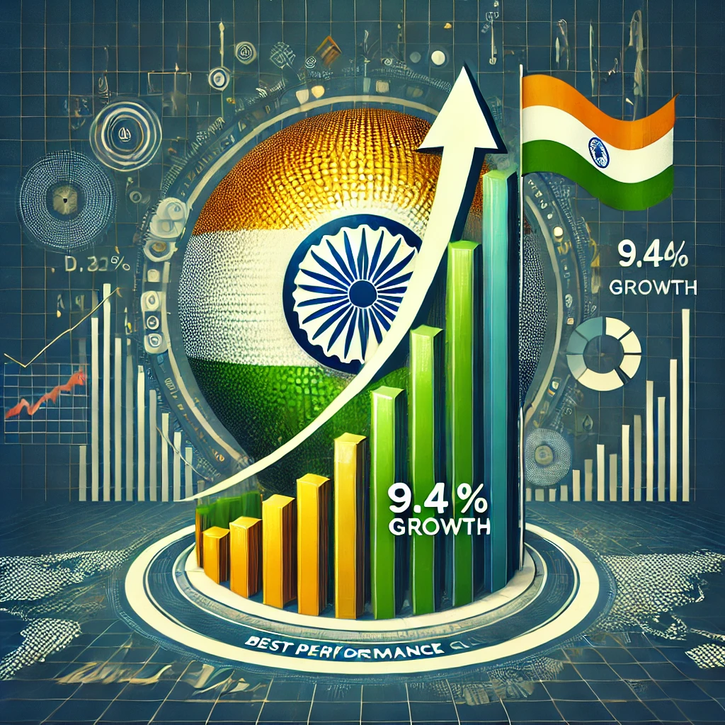"Illustration of India's stock market growth in December 2024, featuring a bold upward arrow on a stock chart with labels like '9.4% Growth' and 'Best Performance Globally.' The design includes elements of the Indian flag and a global financial market backdrop, symbolizing India's economic success."
